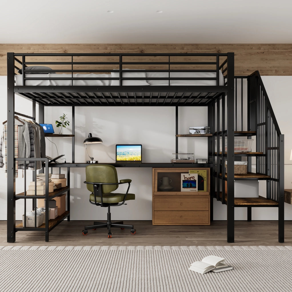 Letto a soppalco 120x200 cm con scala laterale, presa di ricarica e appendiabiti