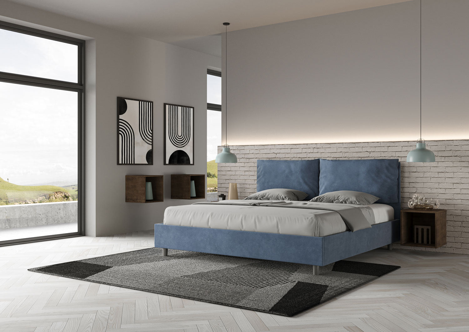 Letto Matrimoniale King Size 200x210 cm con Rete Imbottito in Microfibra Antea Large Blu