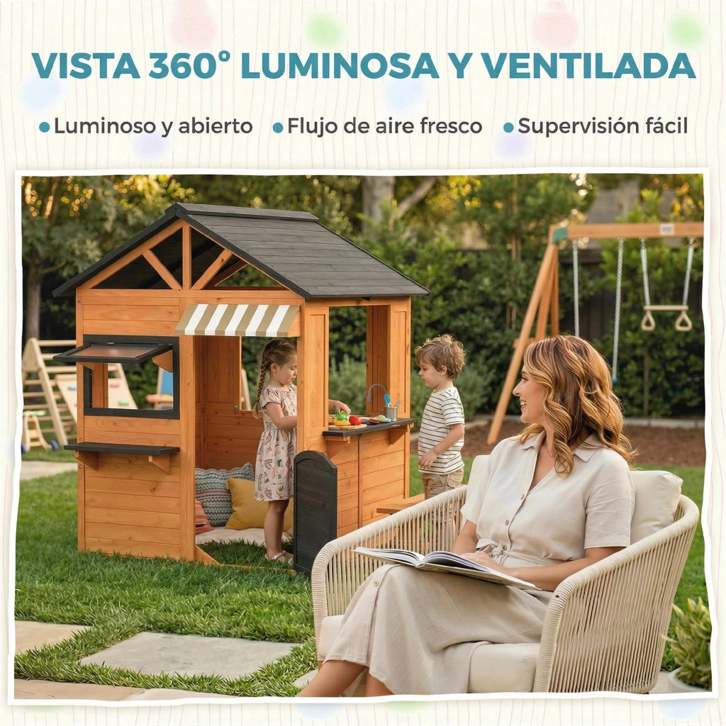 Casetta bambini in legno con cucina giocattolo e panchina ¨C zephmum ¨C marrone