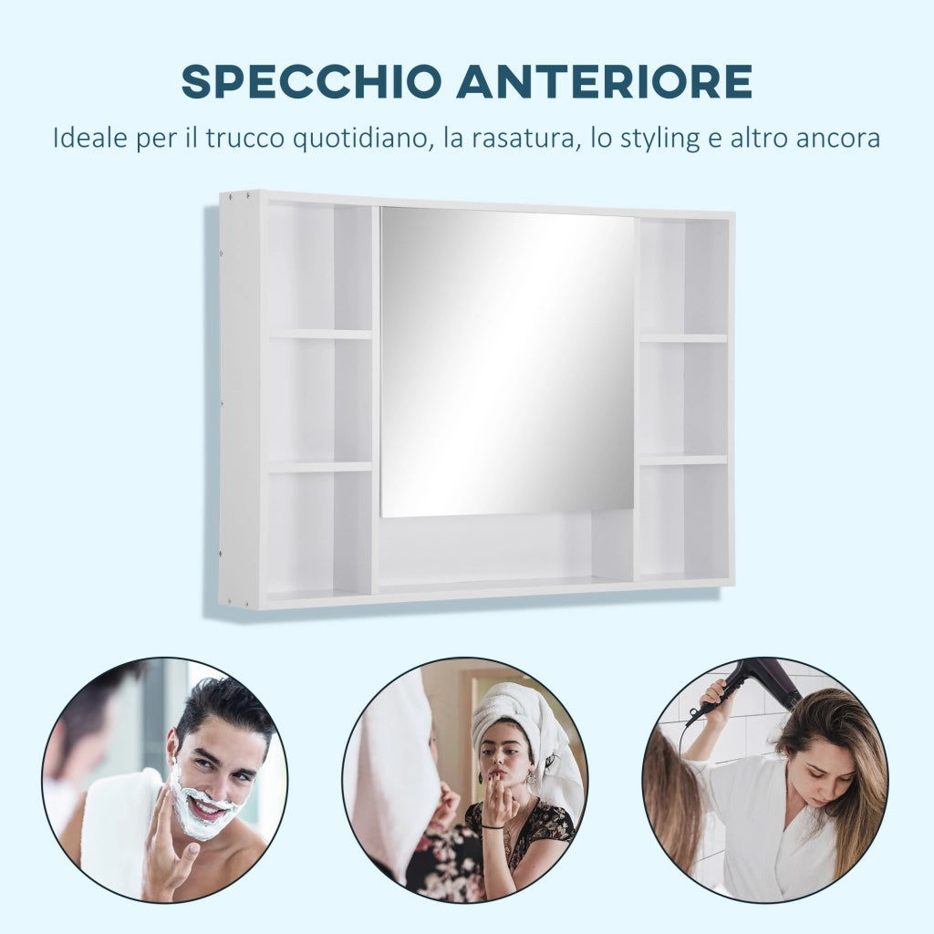EasyComfort Specchiera Bagno con Mensole Aperte e Armadietto con Anta Specchiata, Mobile Bagno con Specchio Salvaspazio, 100x15x70cm, Bianco