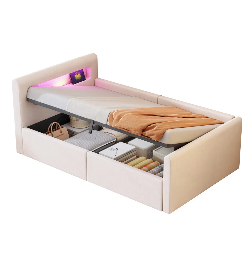 Letto imbottito per bambini 90x200 cm beige con LED, USB e contenitore idraulico