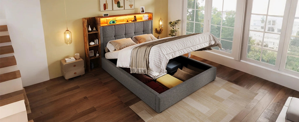 DESMIU Letto contenitore 90 × 200 cm 1 posto con USB, Type-C, LED, contenitore idraulico, senza materasso, grigio