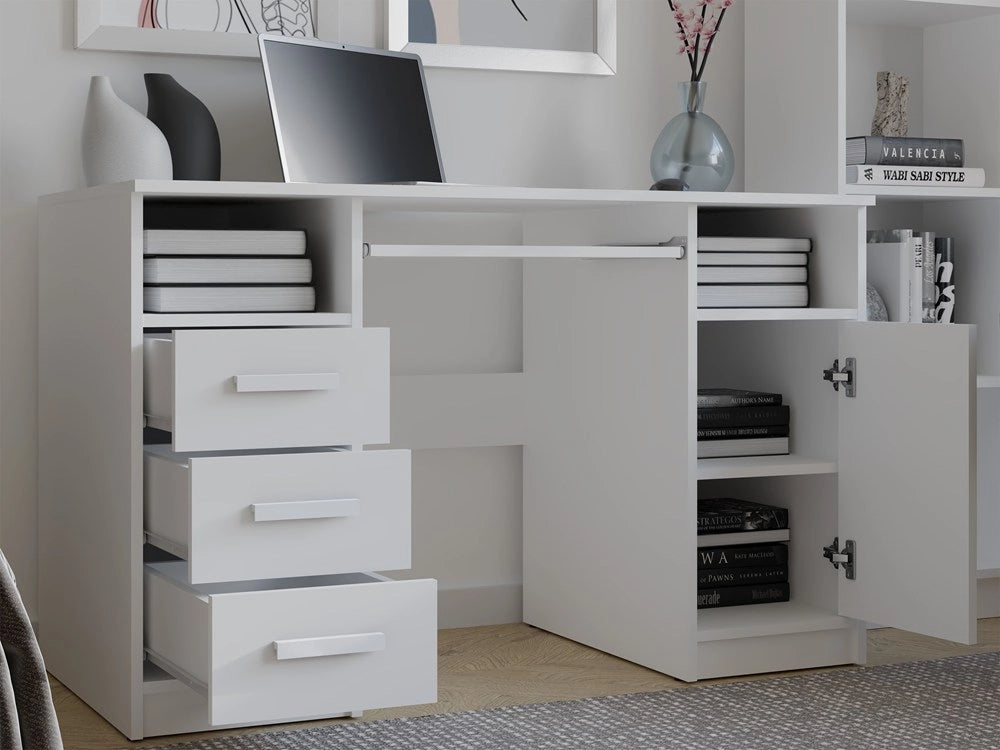 Scrivania delta bianco 120 cm 3 cassetti mobile con ripiani per ufficio camera e laptop