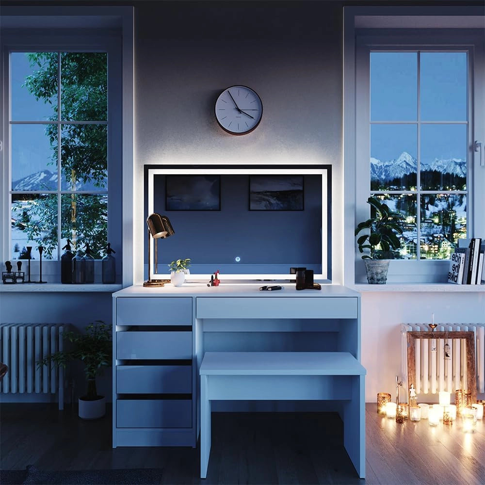 Tavolo da toeletta Sherry, Bianco, 120 cm con specchio a LED e panca, adatto per la cura quotidiana e per l’applicazione del trucco