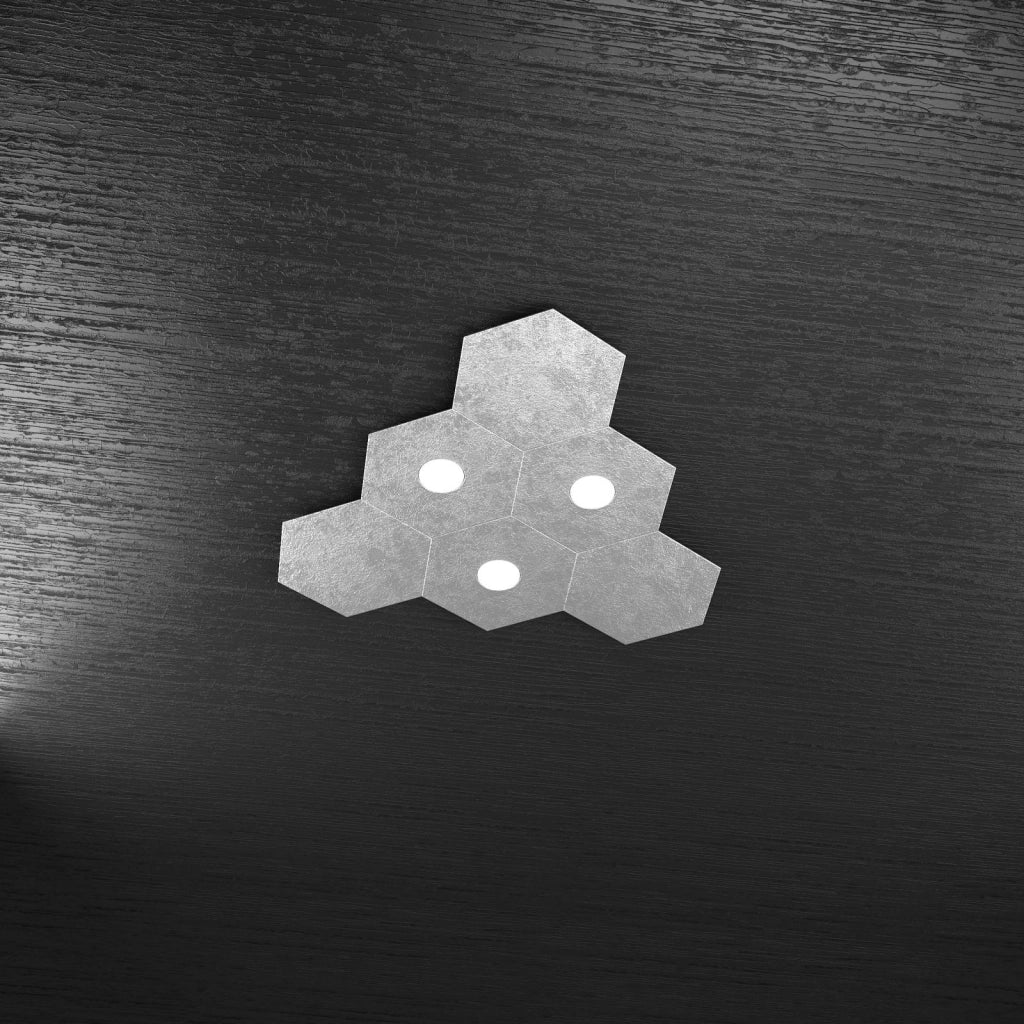 HEXAGON APPLIQUE-PLAFONIERA 3 LUCI + 3 DECORATIVO FOGLIA ARGENTO 1142-3L3D-FA