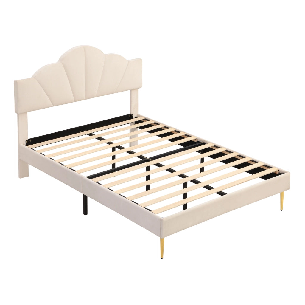 Letto imbottito 140x200 cm in velluto con testiera regolabile e rete a doghe; beige