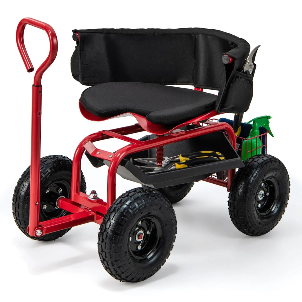 Carrello da giardino con ruote 26cm sedile girevole manico telescopico, Sgabello da giardinaggio Rosso-Attrezzi da giardino