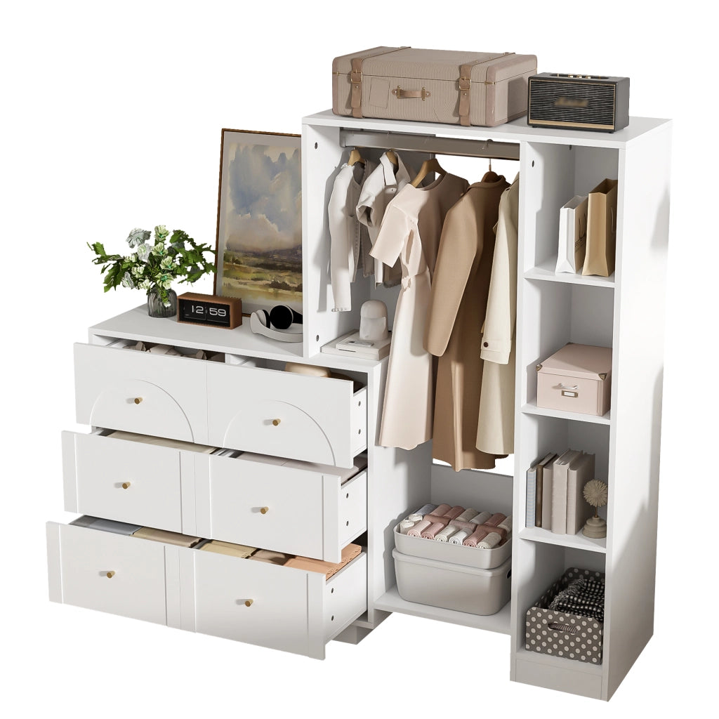 Armadio Guardaroba Aperto Bianco 139×35×133 cm con Barra Appendabiti; 6 Cassetti e Ripiani Laterali