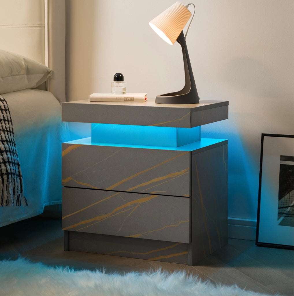 Comodino LED 59x45x20 cm con luci regolabili in legno ingegnerizzato grigio oro