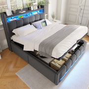 Letto imbottito grigio 160 x 200 cm con LED, USB e contenitore