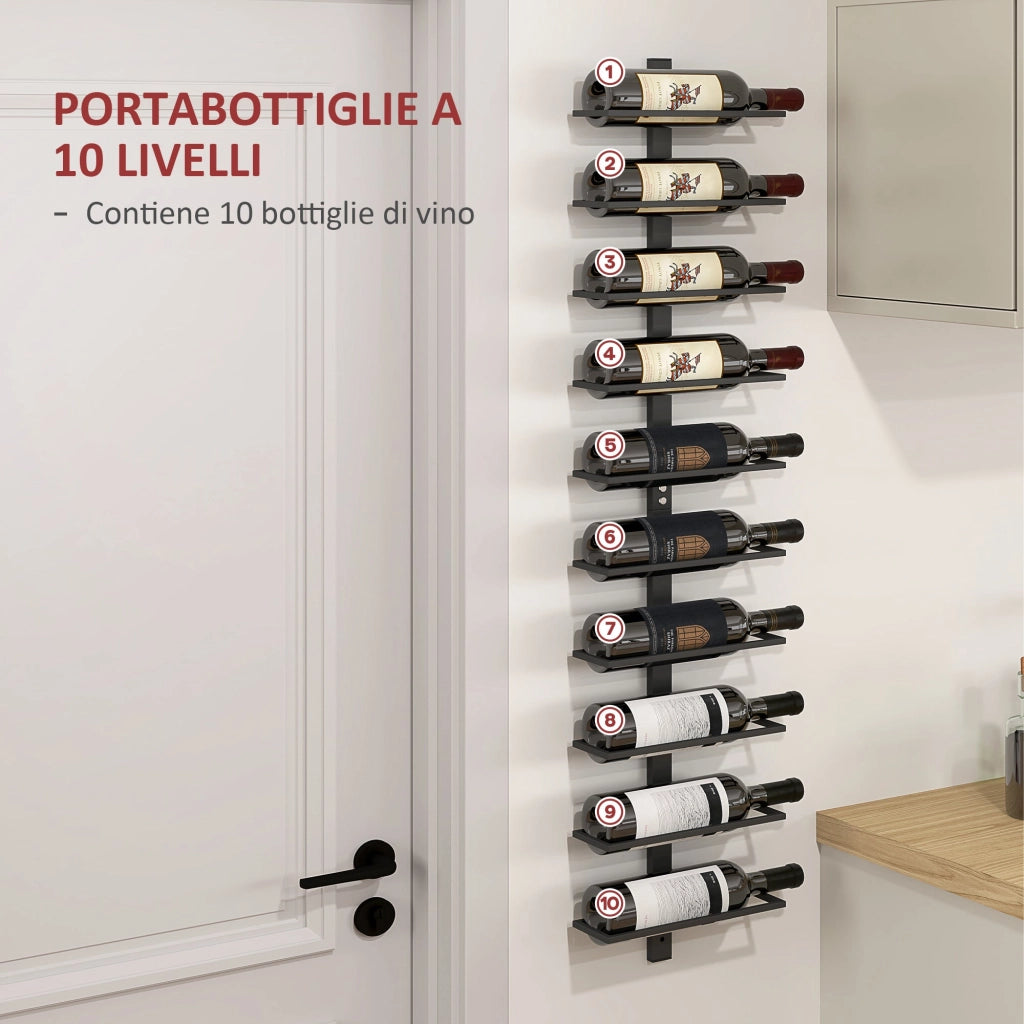 Portabottiglie da Parete per 10 Bottiglie 27x10x116 cm in Acciaio Nero