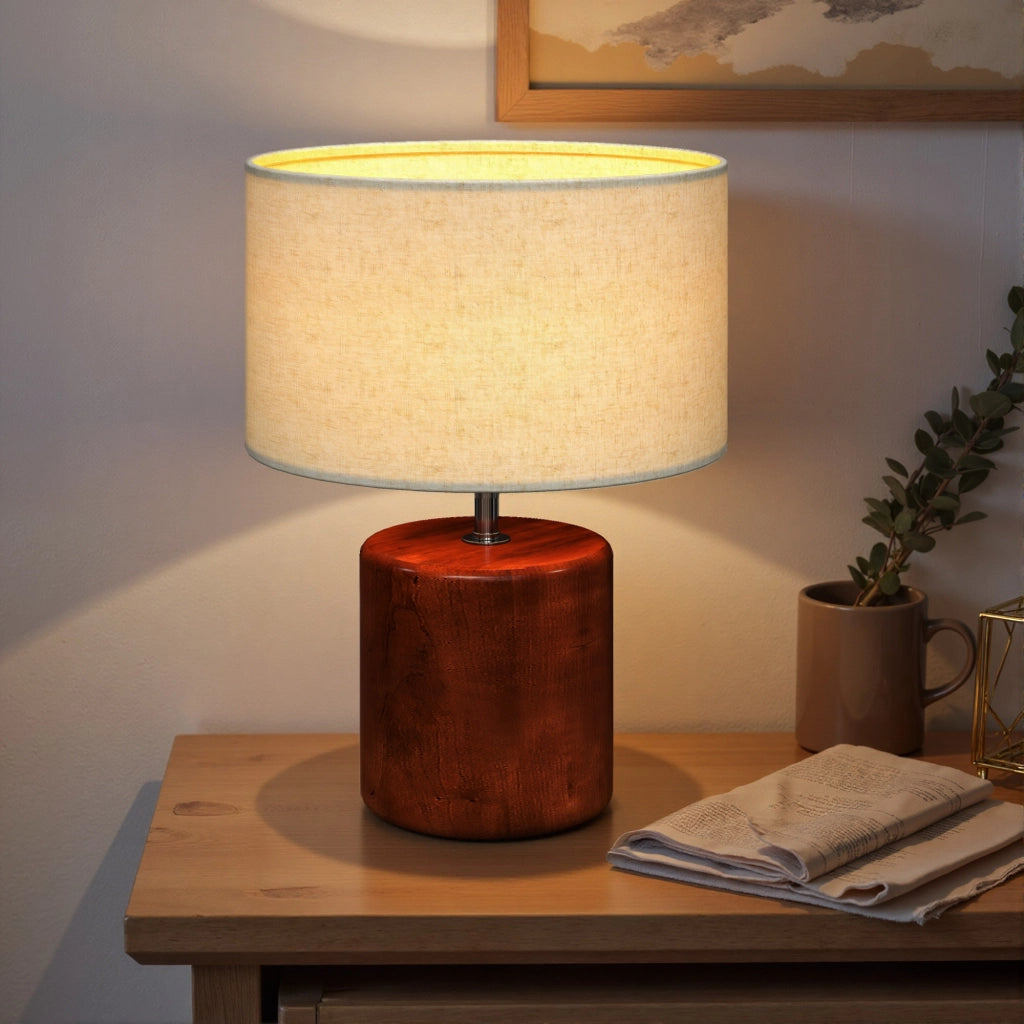 Lampada da tavolo rustica con base in legno e paralume in lino ¨C zephmum ¨C Marrone