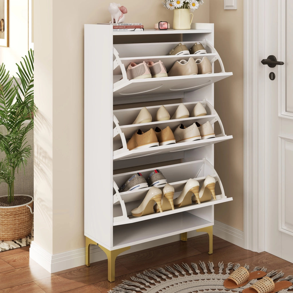 Scarpiera con 3 Scomparti e 6 Elementi in Rilievo; Piedini in Metallo Dorato; Stile Moderno; in MDF; Bianco; 63×24×120 cm
