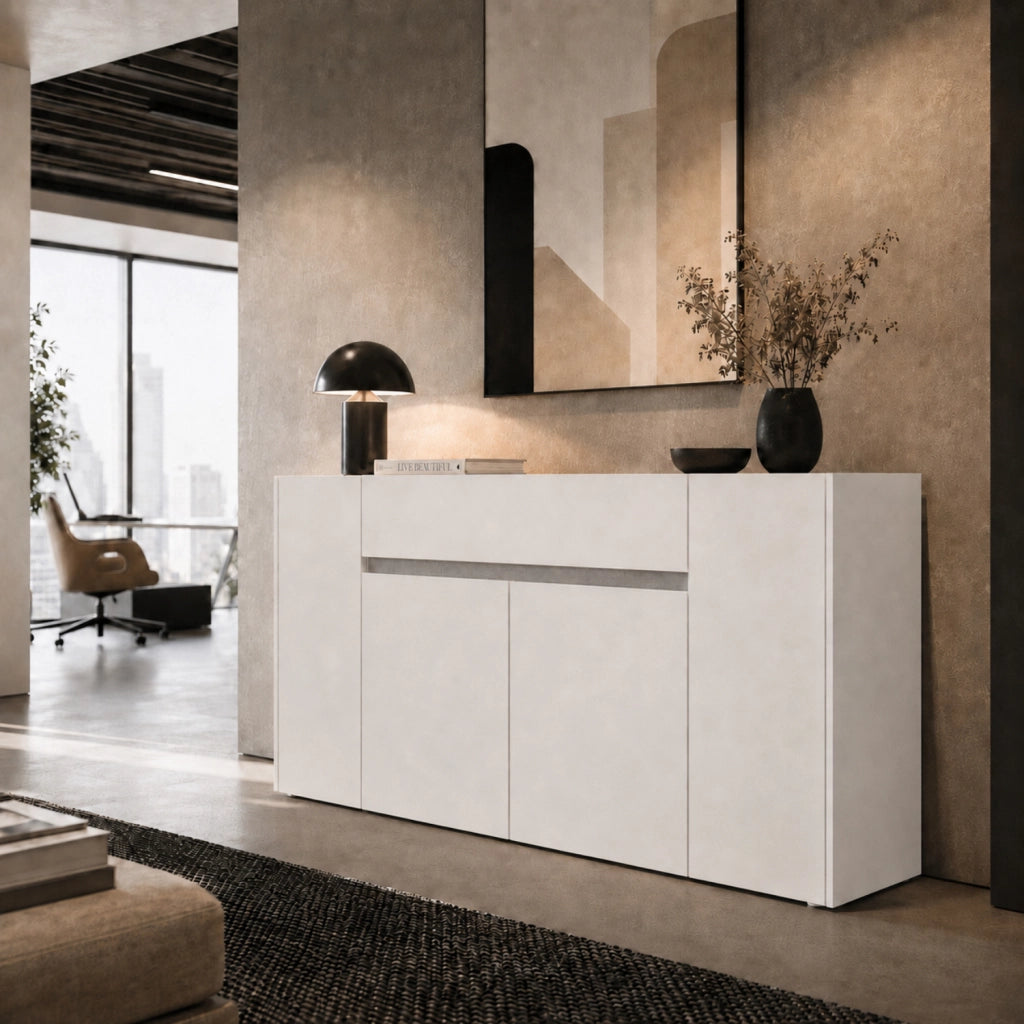 Mobile Contenitore Credenza Moderna In Melaminico Con 4 Ante E 1 Cassetto Design Senza Maniglie Per Soggiorno Sala Da Pranzo 170 X 85 X 40 Cm Bianco E Grigio Cemento