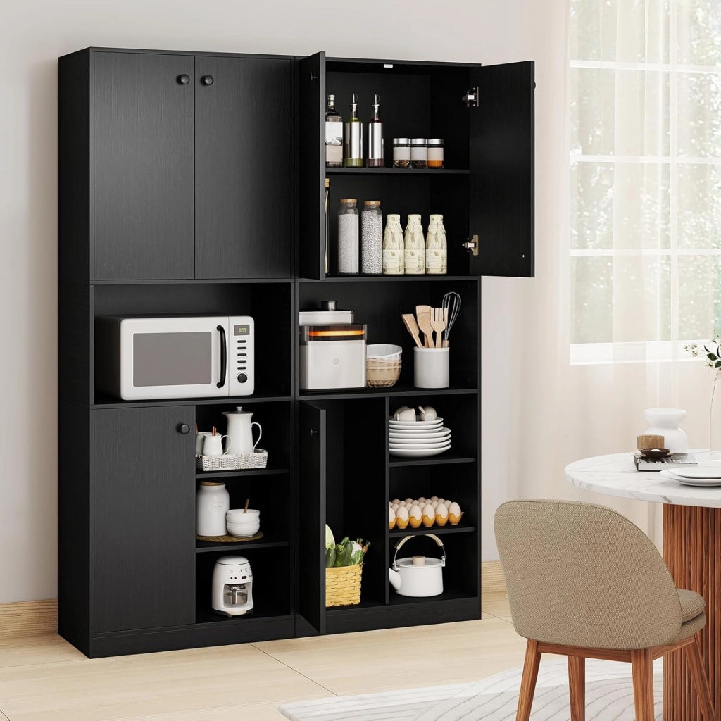 Credenza Sala da Pranzo Alto, Mobile di Stoccaggio Cucina con 4 Ripiani Aperti, 2 Armadi con Ante, Dispositivo Anti-ribaltamento, per Soggiorno, Camera da letto, Cucina, 60 x 33 x 166 cm (nero