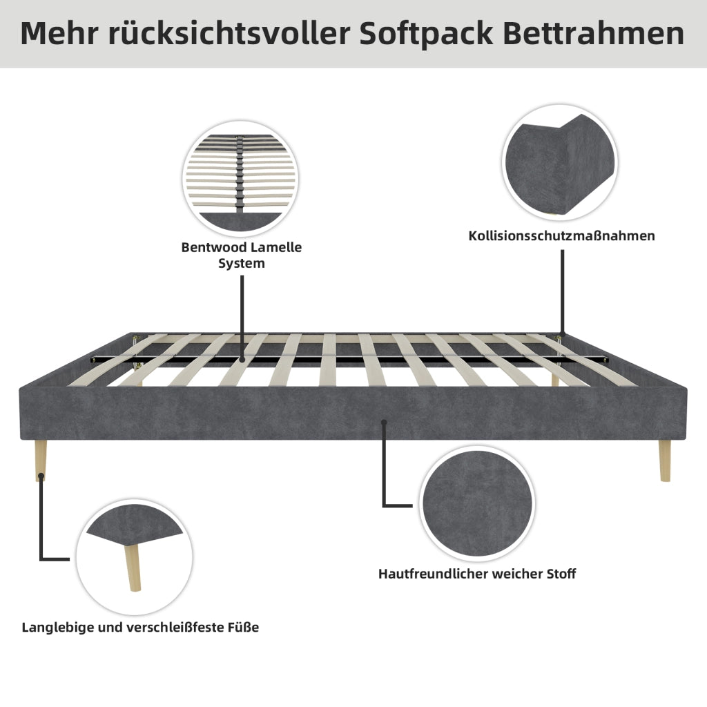 Letto per adulti 160 × 200 cm con struttura stabile, senza materasso, in tessuto e metallo, grigio