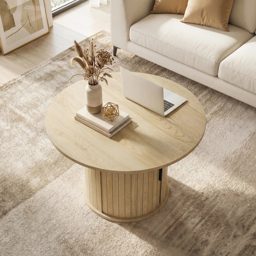 Tavolino da salotto rotondo con ripiani e porta scorrevole ¨C Minimal ¨C effetto legno naturale