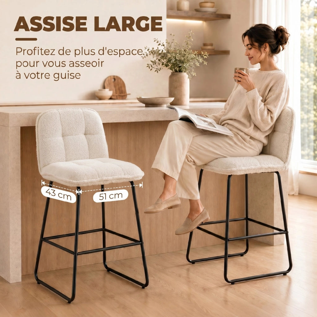 Sgabelli da Bar Set 2 Pezzi ¨C Xylo ¨C Tessuto Bouclette Crema Seduta Extra-Large 66H cm