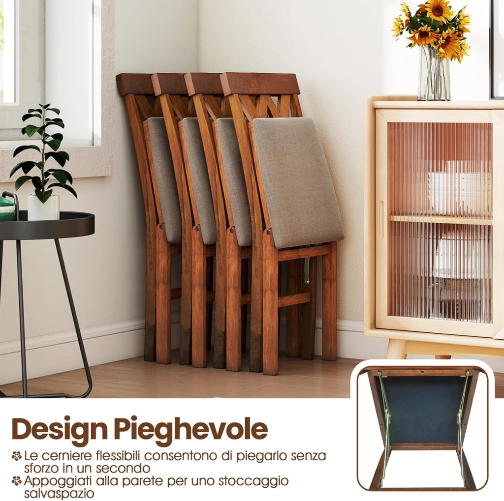 Set di 2 Sedie Pieghevoli, Sedie Ergonomiche di Gomma Senza Braccioli con Struttura in Legno di Gomma, Seduta Pieghevole da Pranzo con Schienale Curvo per Ristorante, Portata 150 kg (Marrone)