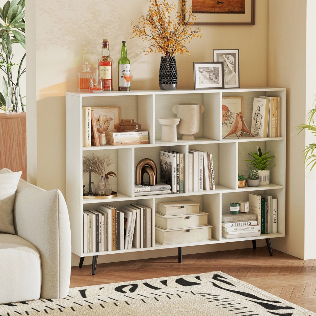 Organizzatore di stoccaggio moderno con 5 gambe di metallo affusolate, Libreria a 10 cubi studio camera da letto Bianco-Librerie