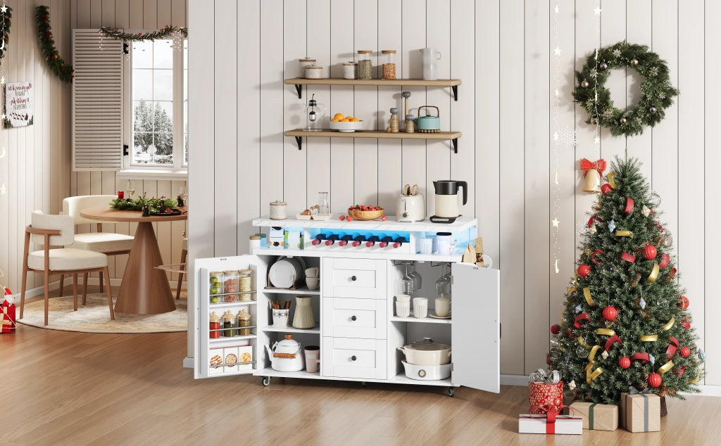 Carrello cucina con piano ribaltabile, 2 porte, 3 cassetti, LED RGB e ruote frenanti, 138 x 60 x 93 cm