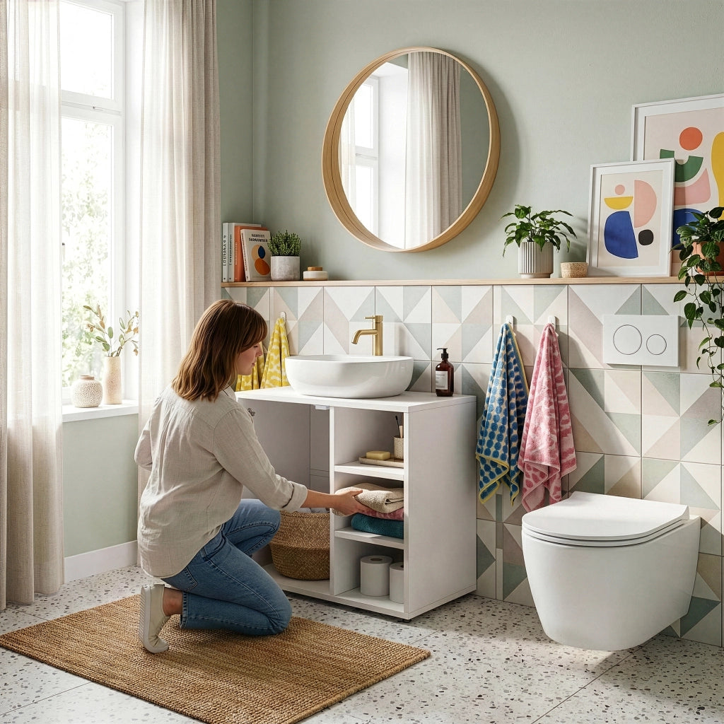 Mobile Sottolavabo Kulaik da Bagno ad Anta e 3 Scomparti Aperti 51 x 60 x 32 cm - Bianco [en.casa]