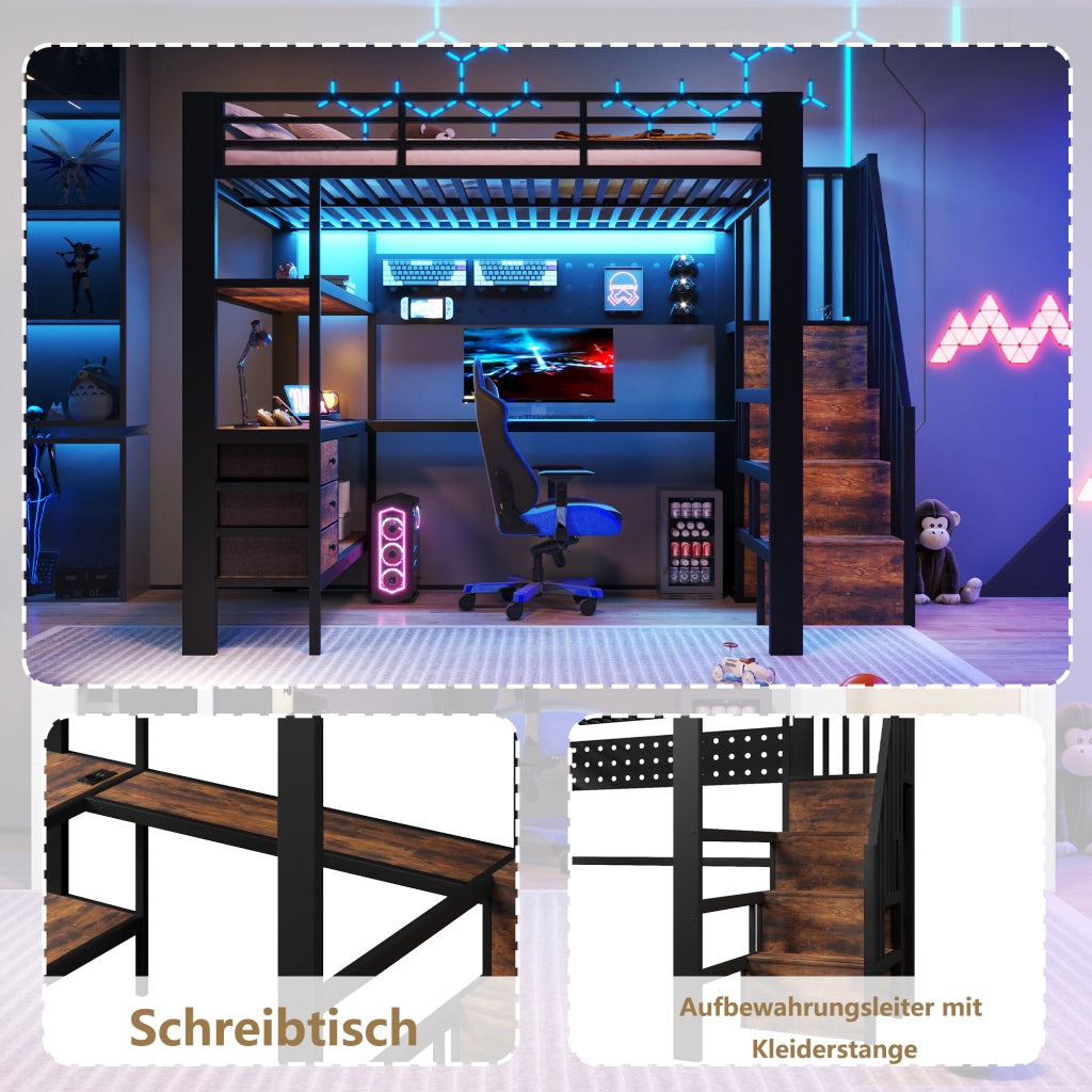 DESMIU Letto a soppalco 140 × 200 cm 1 posto con scrivania, cassetti, LED e presa, senza materasso, nero