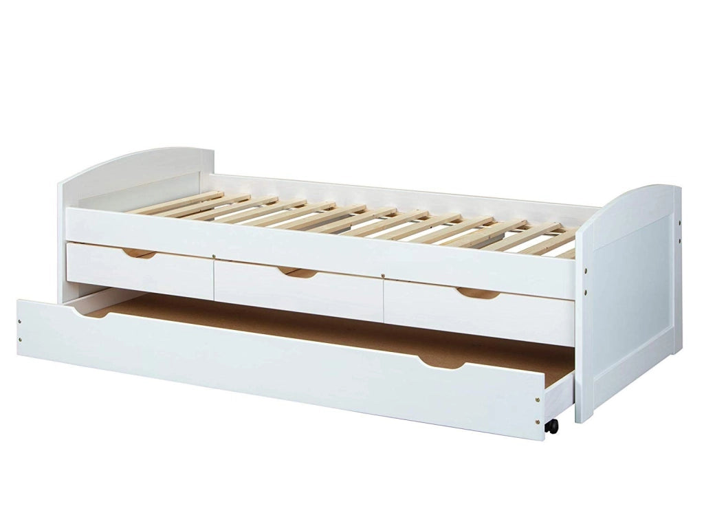 LETTO ULLI + CASSETTI CONTENITORE E SECONDO LETTO INFERIORE 98x205x63H PINO MASSELLO VERNICIATO AD ACQUA BIANCO