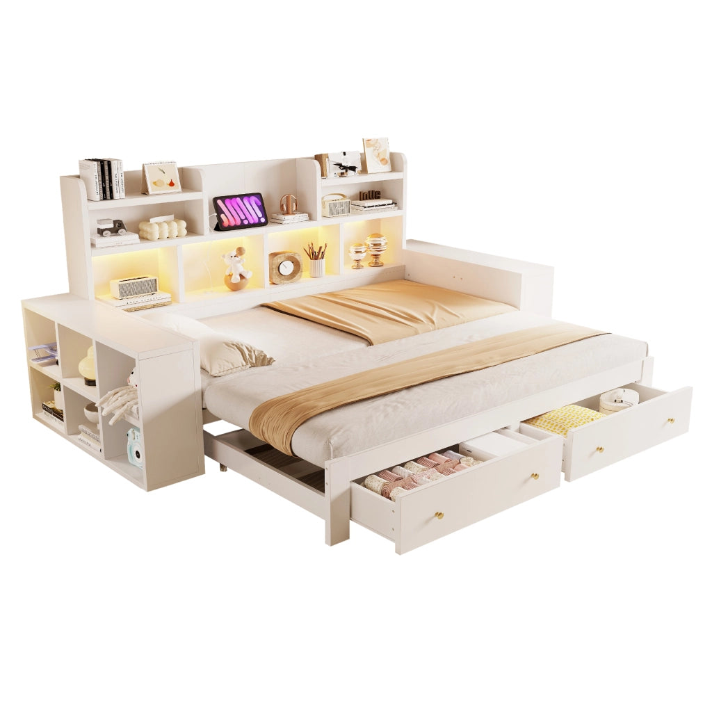 Divano letto estraibile 90x200 cm con contenitore; LED e presa bianco