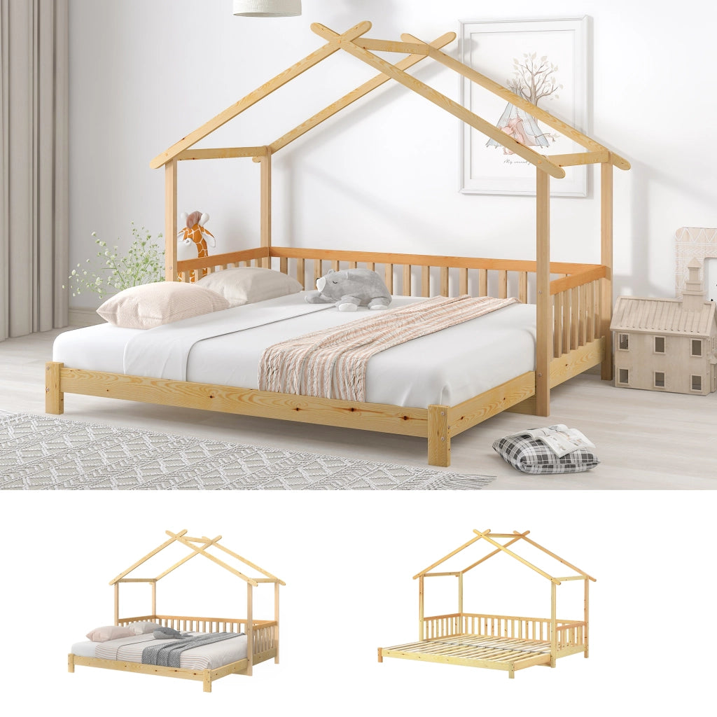 OKWISH Letto a Casetta 200×90 cm e 200×180 cm, Letto Matrimoniale estensibile con Sponde 3 Lati e Struttura a Casa, senza Materasso