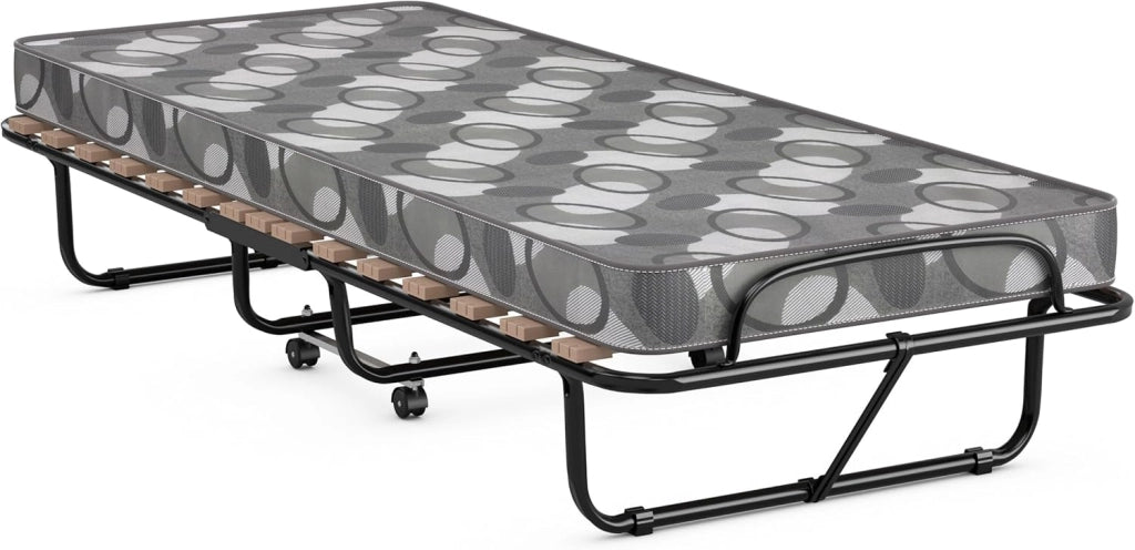 Letto Singolo Pieghevole per Ospiti, 80x190 cm, con Materasso in Memory Foam, Struttura in Metallo, 4 Ruote, Portata 130 kg