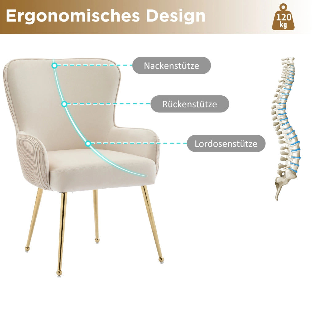 Set 2 sedie da pranzo in velluto beige e oro con braccioli; schienale trapuntato e piedi regolabili