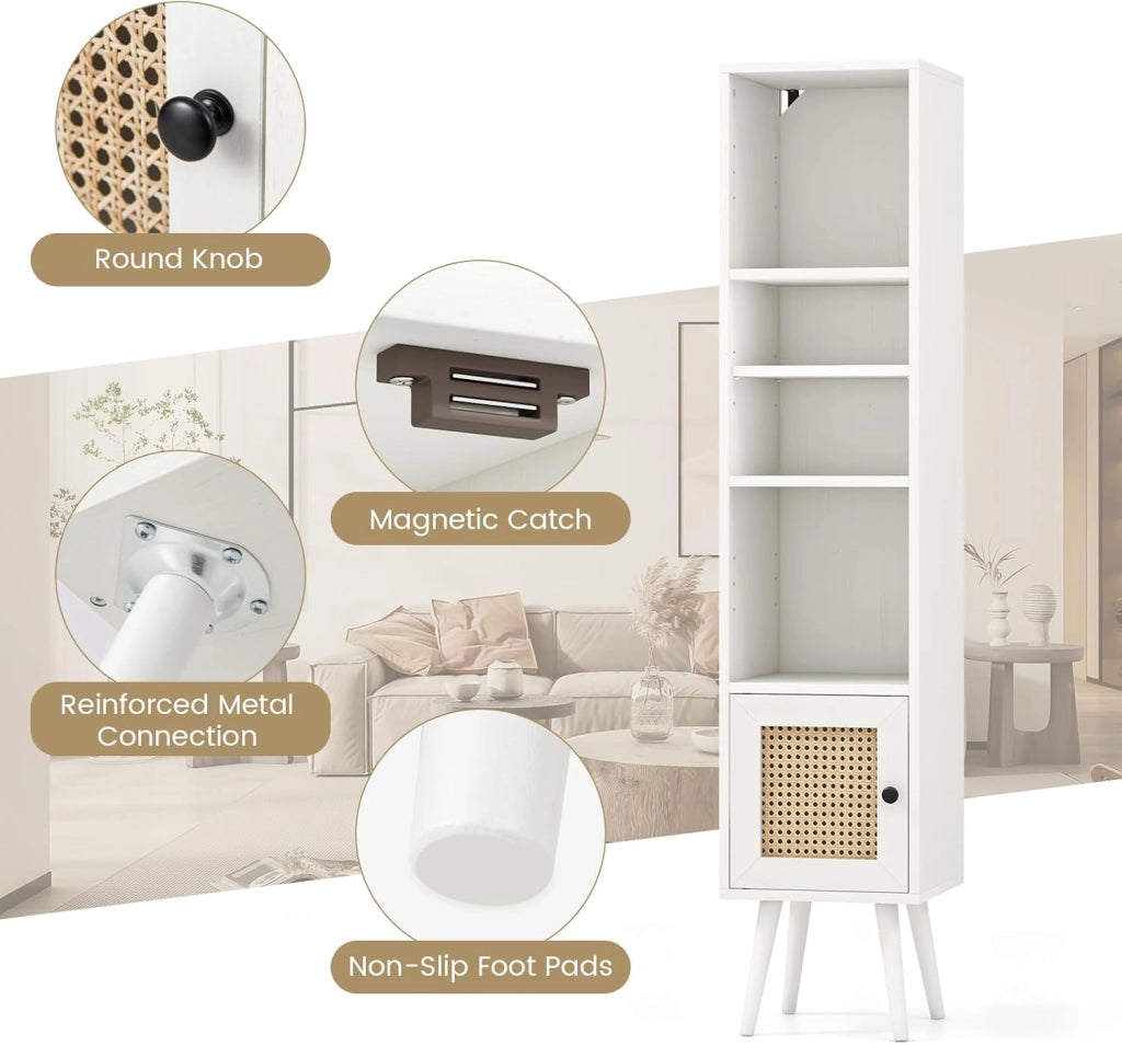 Armadio autoportante con anta in rattan, mobile a colonna con ripiano regolabile, libreria a piedi con dispositivo anti-ribaltamento, per soggiorno, sala studio (bianco)