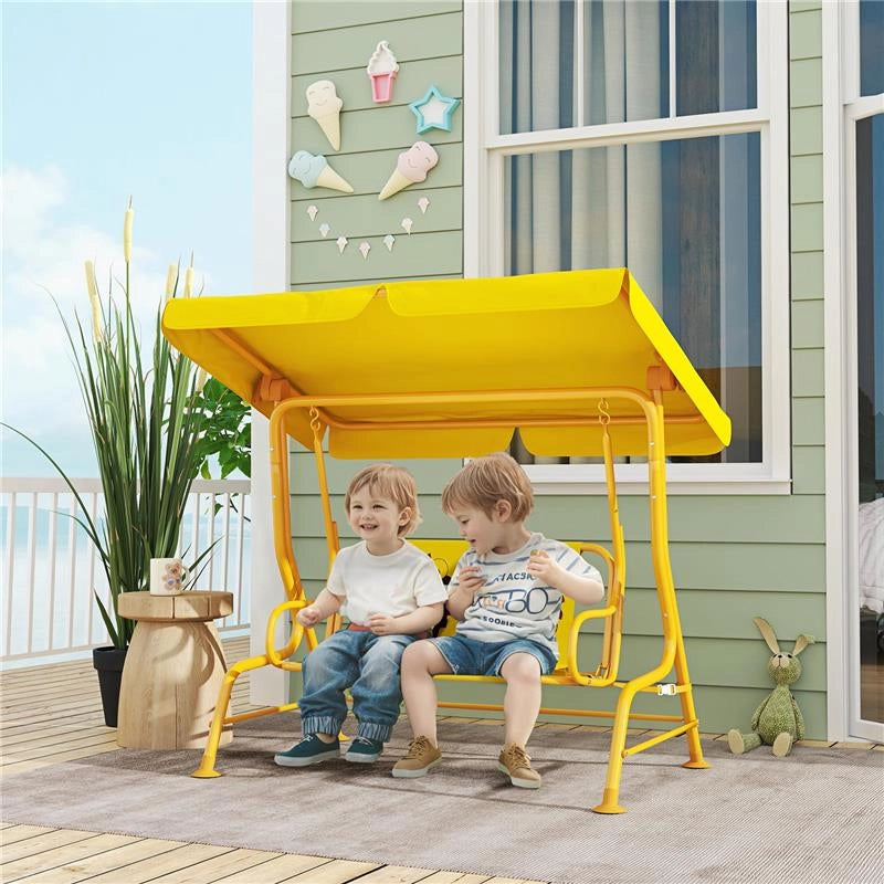 DONDOLO PER BAMBINI DA ESTERNO A 2 POSTI CON TETTUCCIO REGOLABILE E CINTURE DI SICUREZZA 112X75X120 CM GIALLO