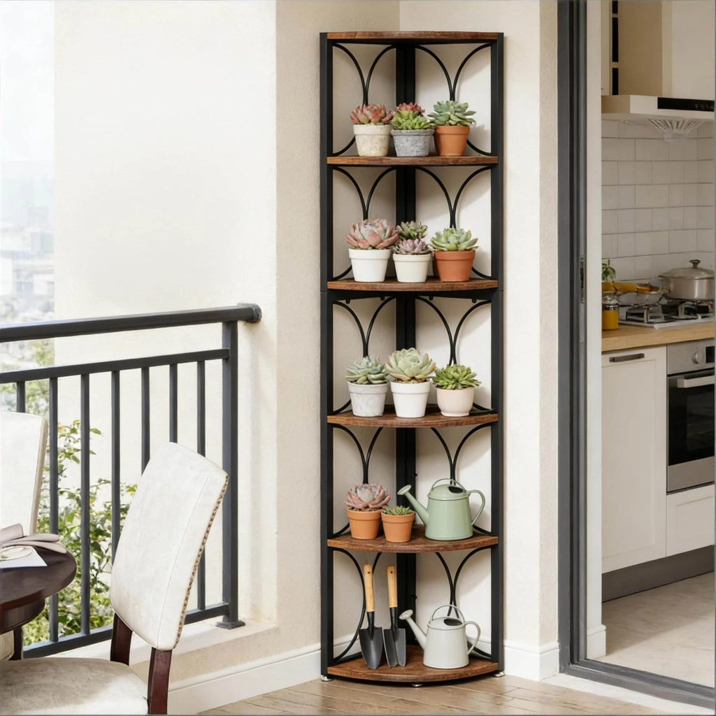 Scaffale angolare 6 ripiani nero marrone rustico, metallo e legno