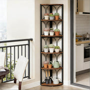 Scaffale angolare 6 ripiani nero marrone rustico, metallo e legno
