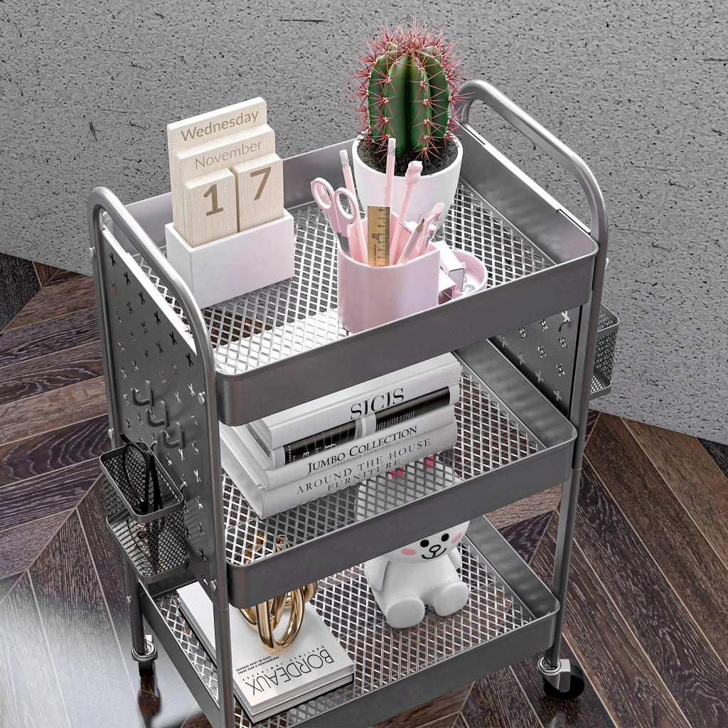 Carrello Multiuso con 3 Ripiani e 4 Ruote ¨C zephmum ¨C Grigio 53.5x30.5x75 cm