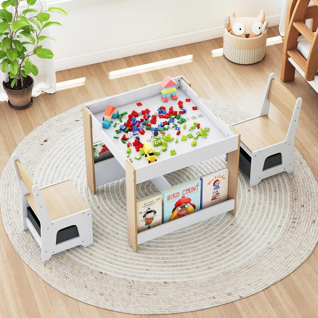 4 in 1 Set Tavolo e Sedie per Bambini 3+ Anni, Tavolo e Sedie con Piano Reversibile, Scaffali e Cassetti, Ideale per Disegno, Lettura e Studio (Naturale, Stile 3)