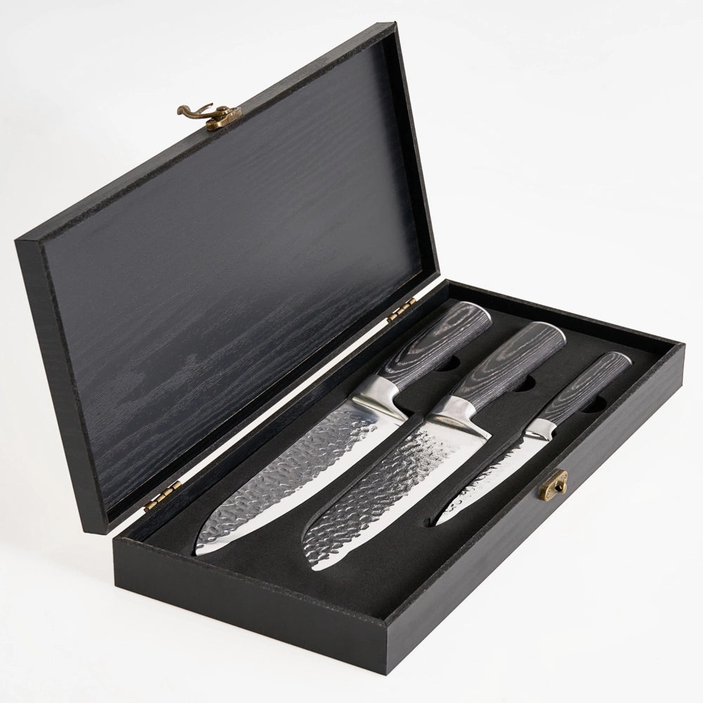 Set di 3 coltelli da cucina moderni affilati a mano, durezza 62 HRC acciaio inossidabile damasco marrone scuro