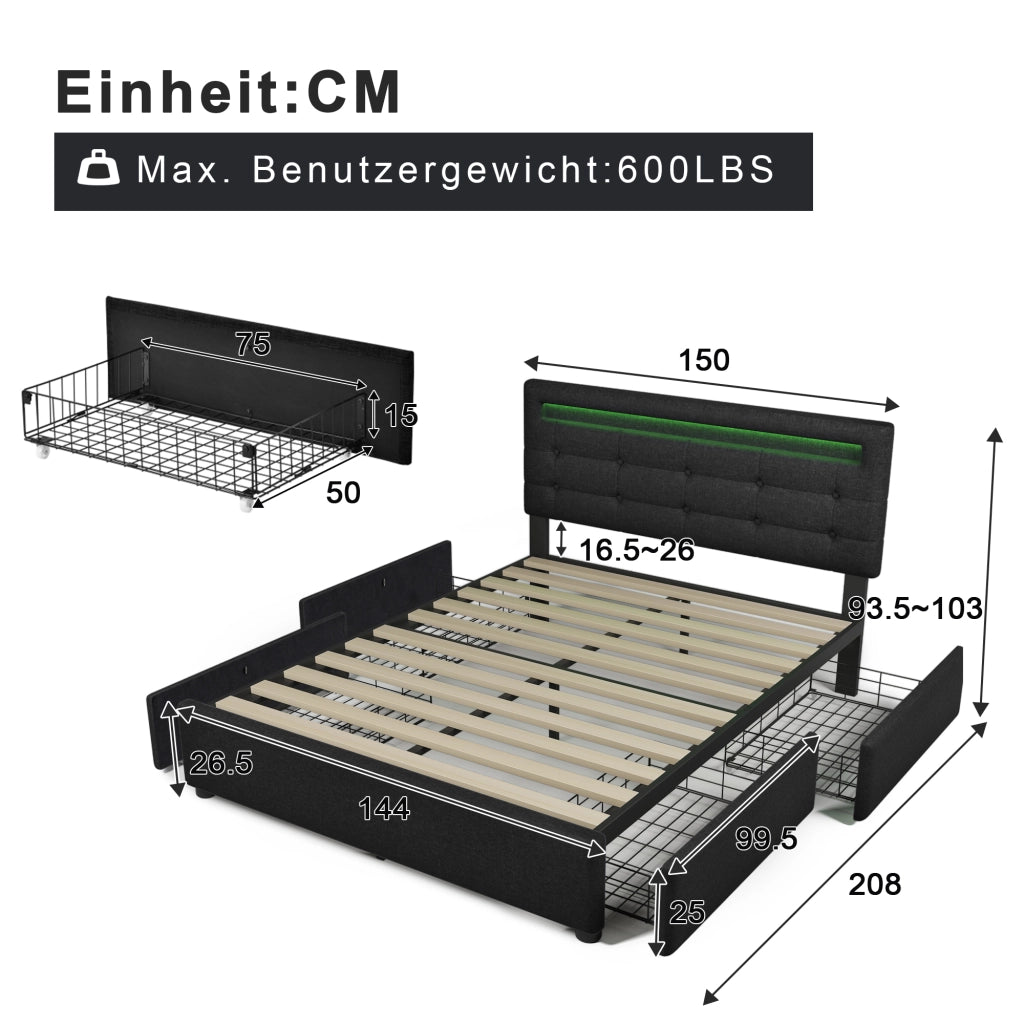 LETTO Contenitore 140x200 cm con LED, 4 cassetti e materasso incluso