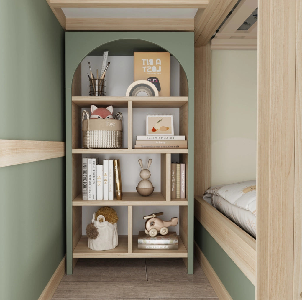 Letto a castello per bambini 90x200 cm a casetta con scala contenitore; verde; grigio e legno naturale