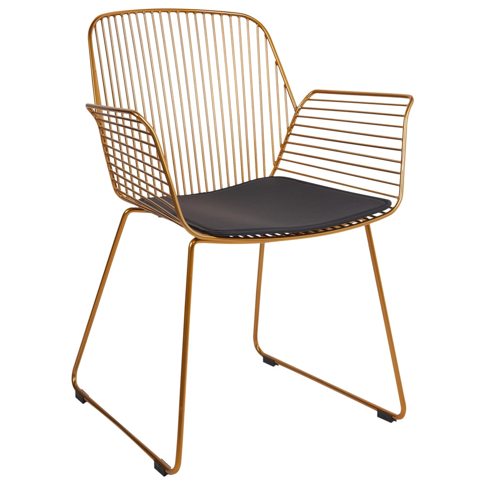 Set di 2 sedie da pranzo in metallo oro con schienale in filo di ferro e cuscini di seduta in ecopelle stile moderno industrale