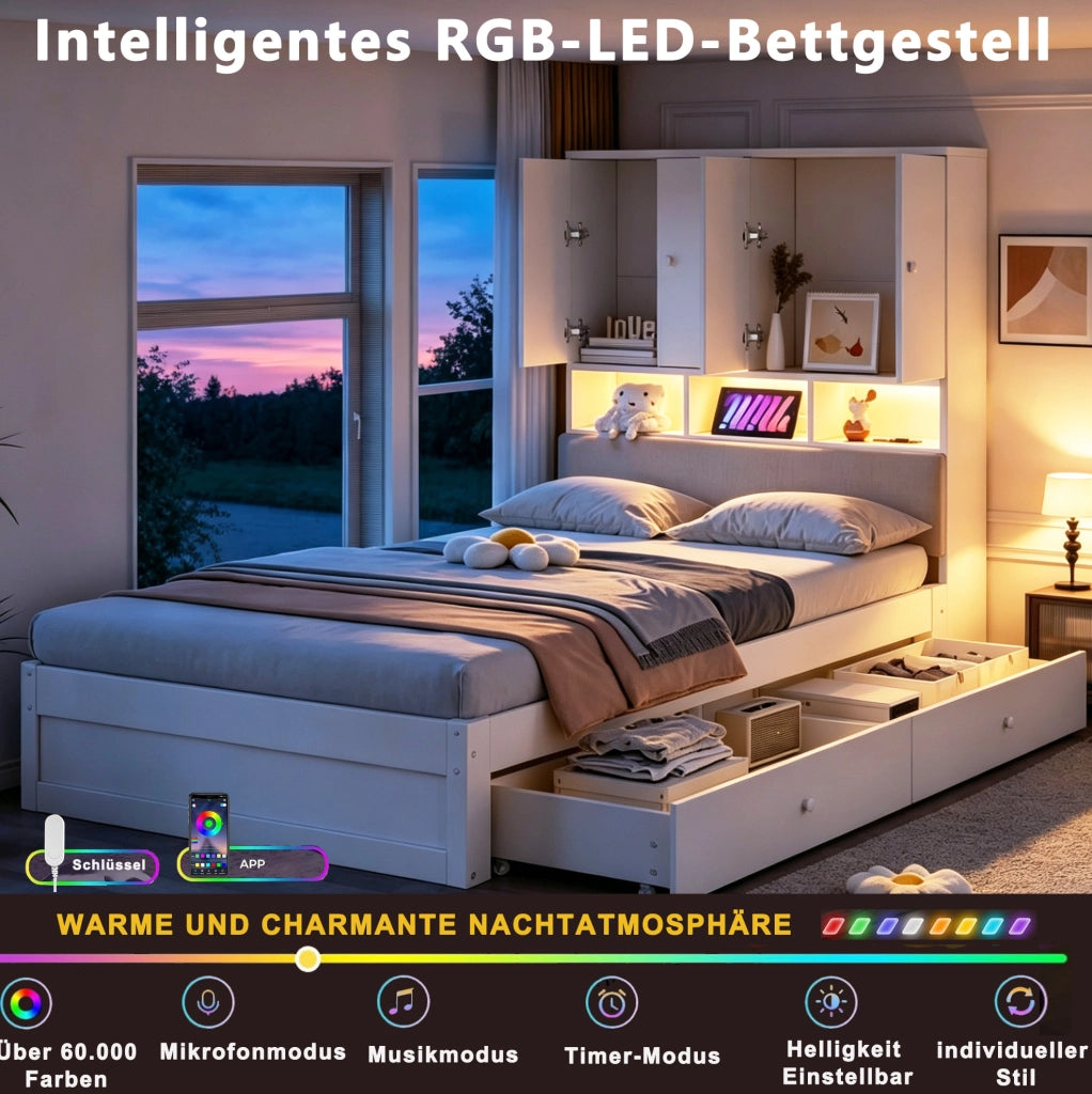 Letto singolo 90x200 cm con 2 cassetti; LED e presa integrata in pino; MDF e tessuto; bianco