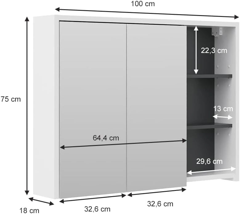 Specchio contenitore bagno Viola, Bianco/antracite, 100 x 75 cm, per montaggio a parete con ripiani aperti