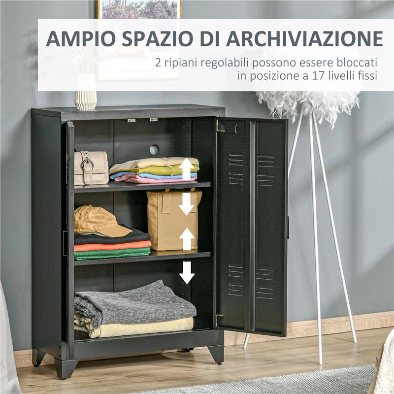 ARMADIETTO METALLICO A 2 ANTE IN STILE INDUSTRIALE PER CASA E GARAGE, 75X33X110 CM, NERO