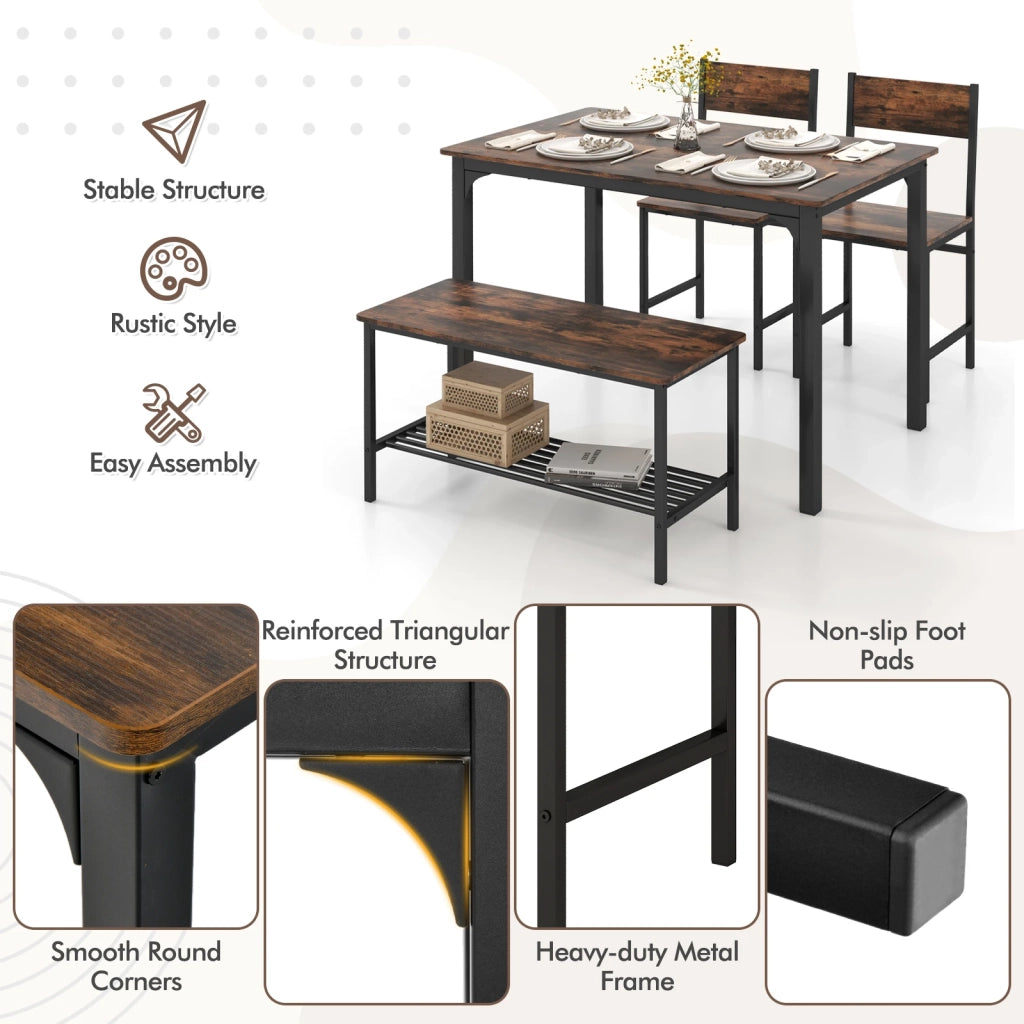 Set da pranzo 4 pezzi con tavolo 2 sedie e panca marrone rustico in MDF e acciaio robusto e salvaspazio per casa e cucina