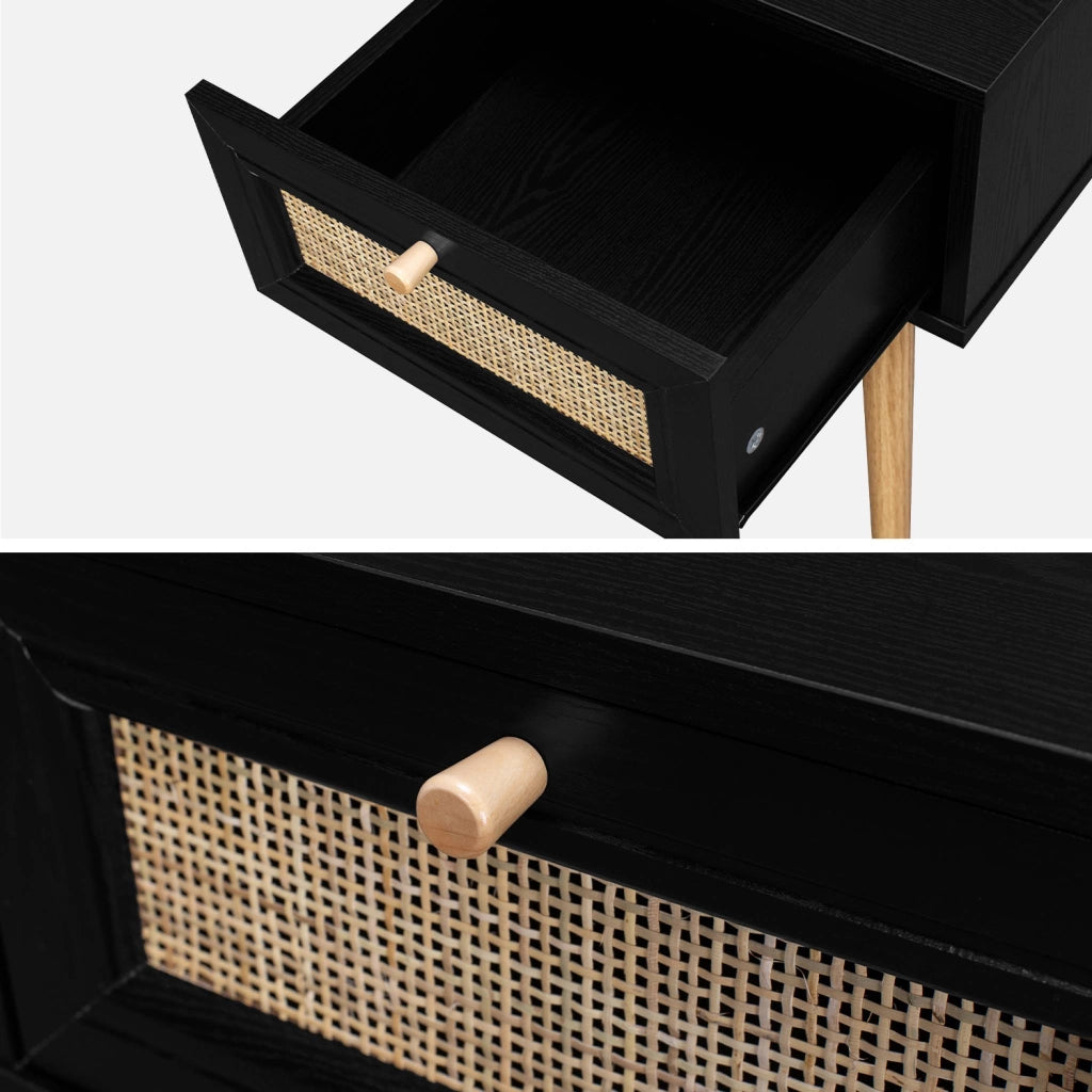 Comodino effetto legno e intrecciatura cannage, 1 cassetto, nero