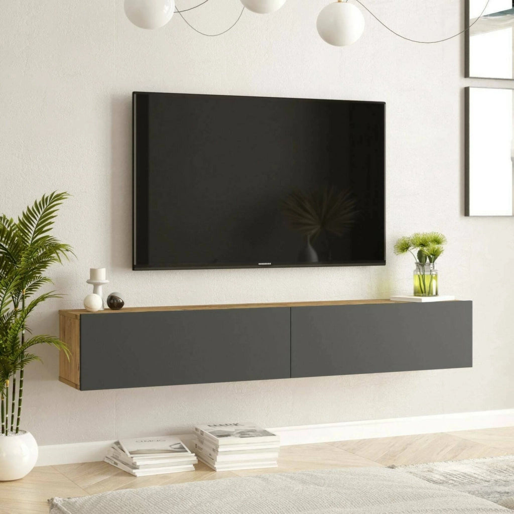 Mobile porta TV Pavone, Credenza da soggiorno, Armadio basso per TV, Base parete attrezzata, 180x32h30 cm, Quercia e Antracite