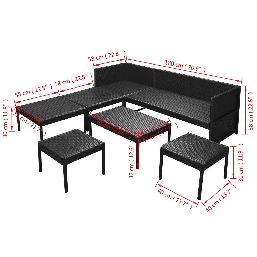 Set Divani da Giardino 6 pz con Cuscini in Polyrattan Nero 43010