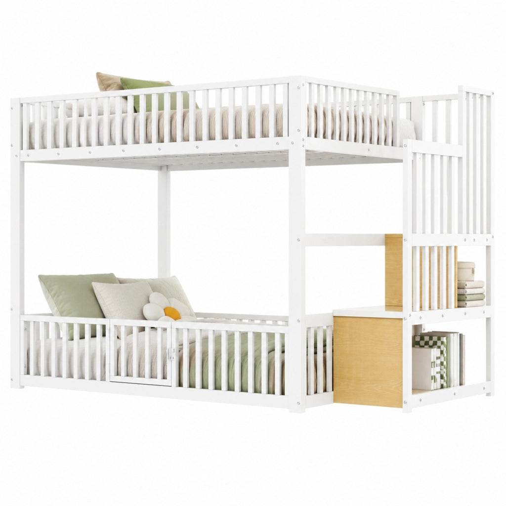 Letto a castello 140x200 con scala contenitore e illuminazione LED, bianco
